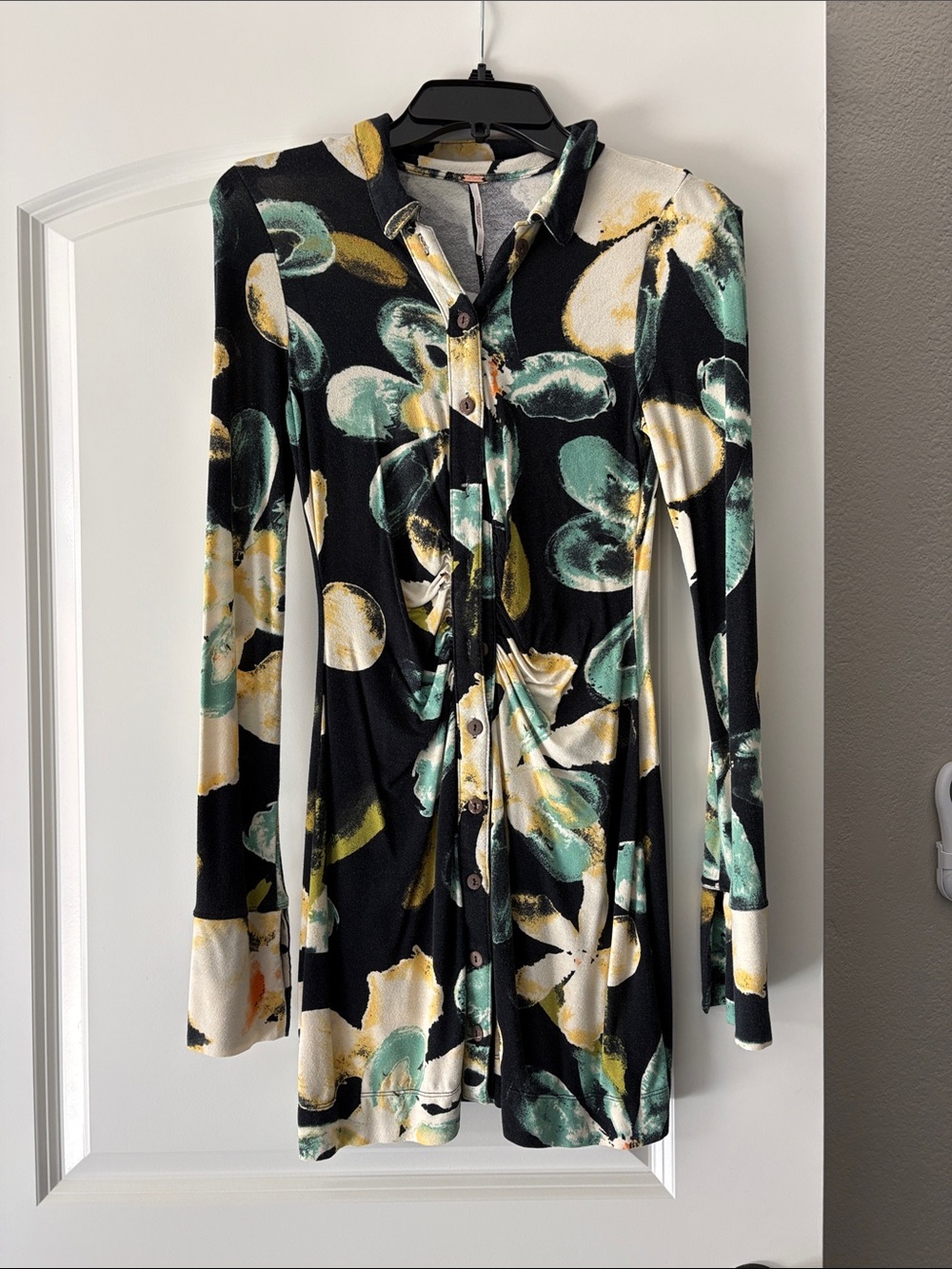 Free People Black Abstract Floral Long Sleeve Button-Up Dress